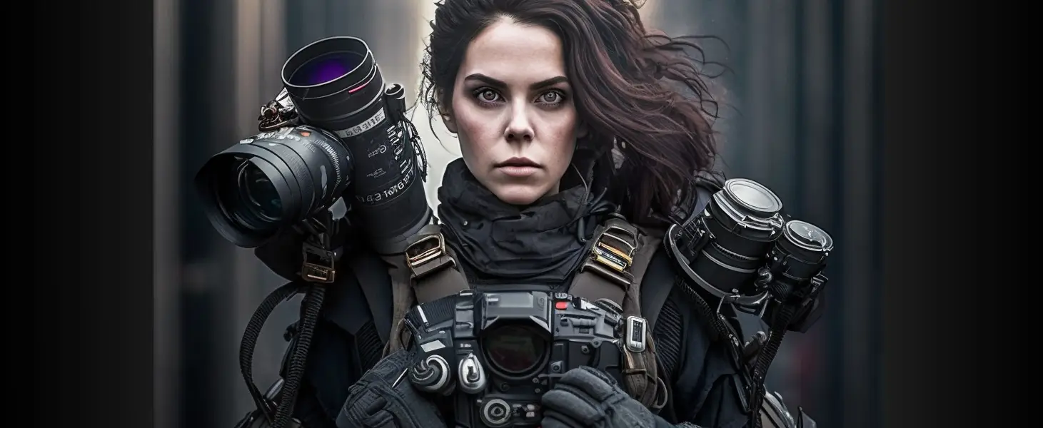 art, midjourney, app, Ai, created with Ai, woman photographer, futuristic , photography gear, Ai art, Ai design, @stivog copyright